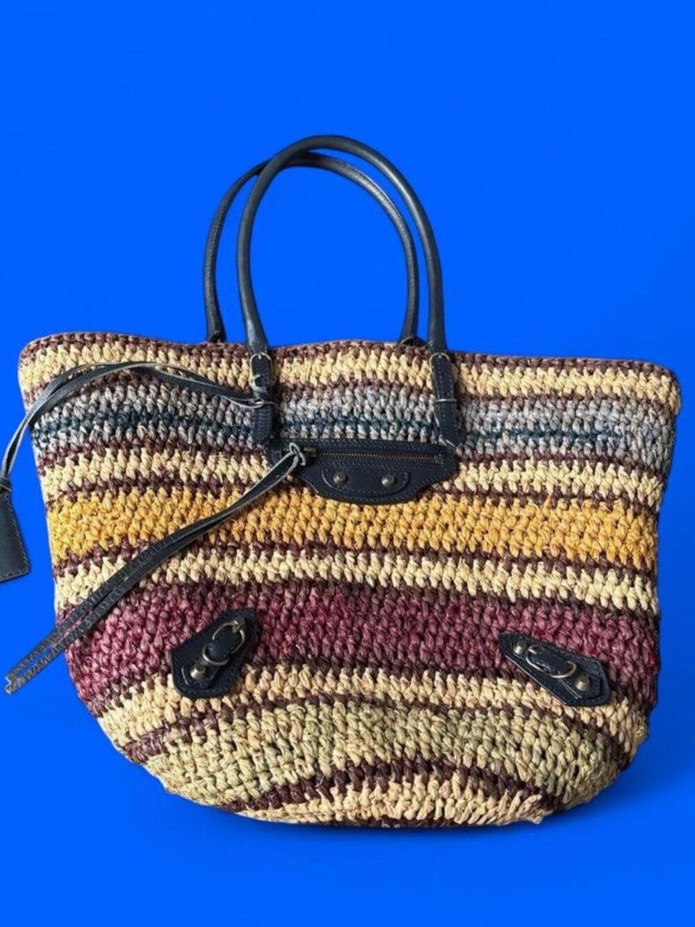Balenciaga Multicolor Stripe Woven Raffia Large Tote Bag